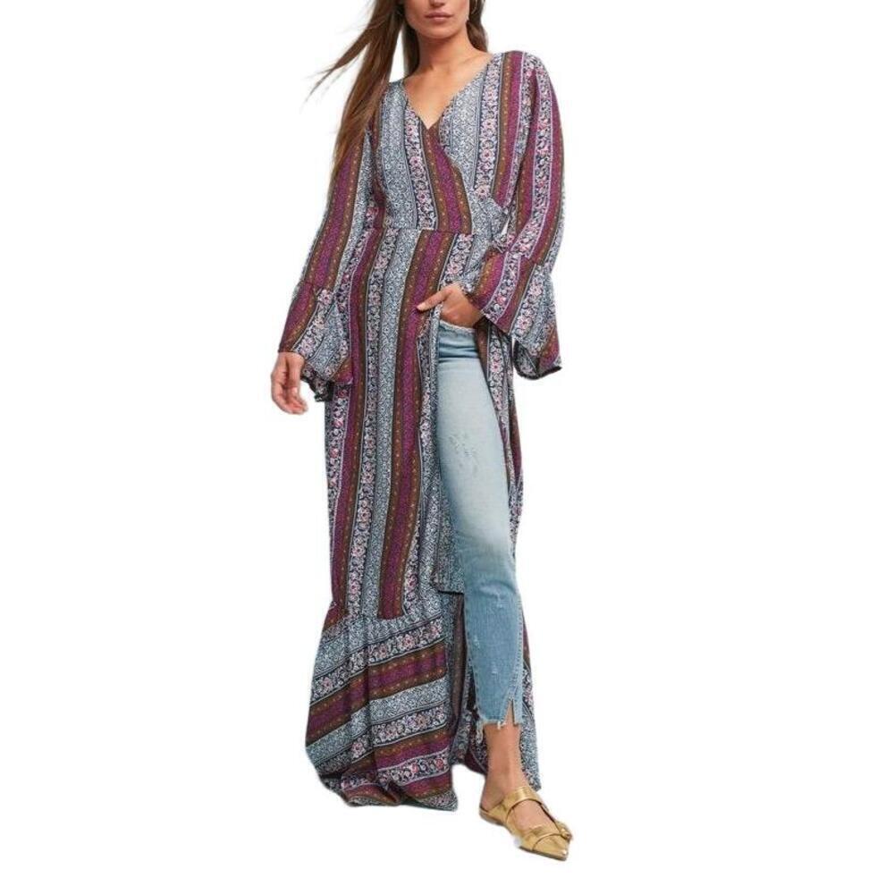 R Vivimos Dress Womens Size M Wrap Maxi Ruffled Bell Sleeves Bohemian Flowy - Picture 2 of 9